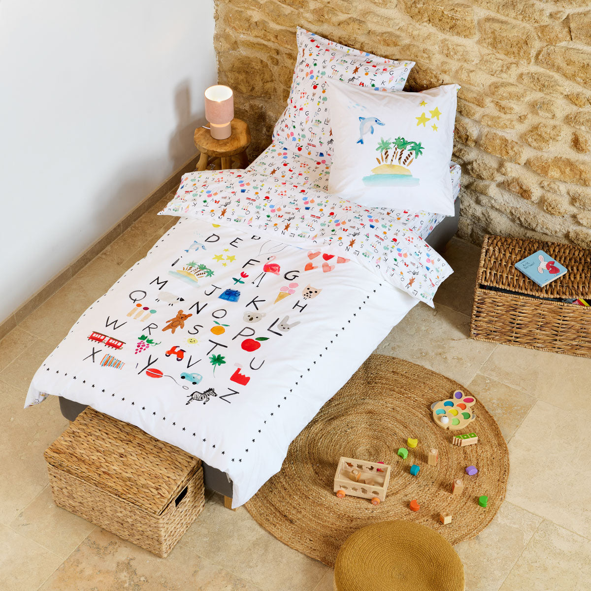 Parure de lit enfant abécédaire douce aquarelle