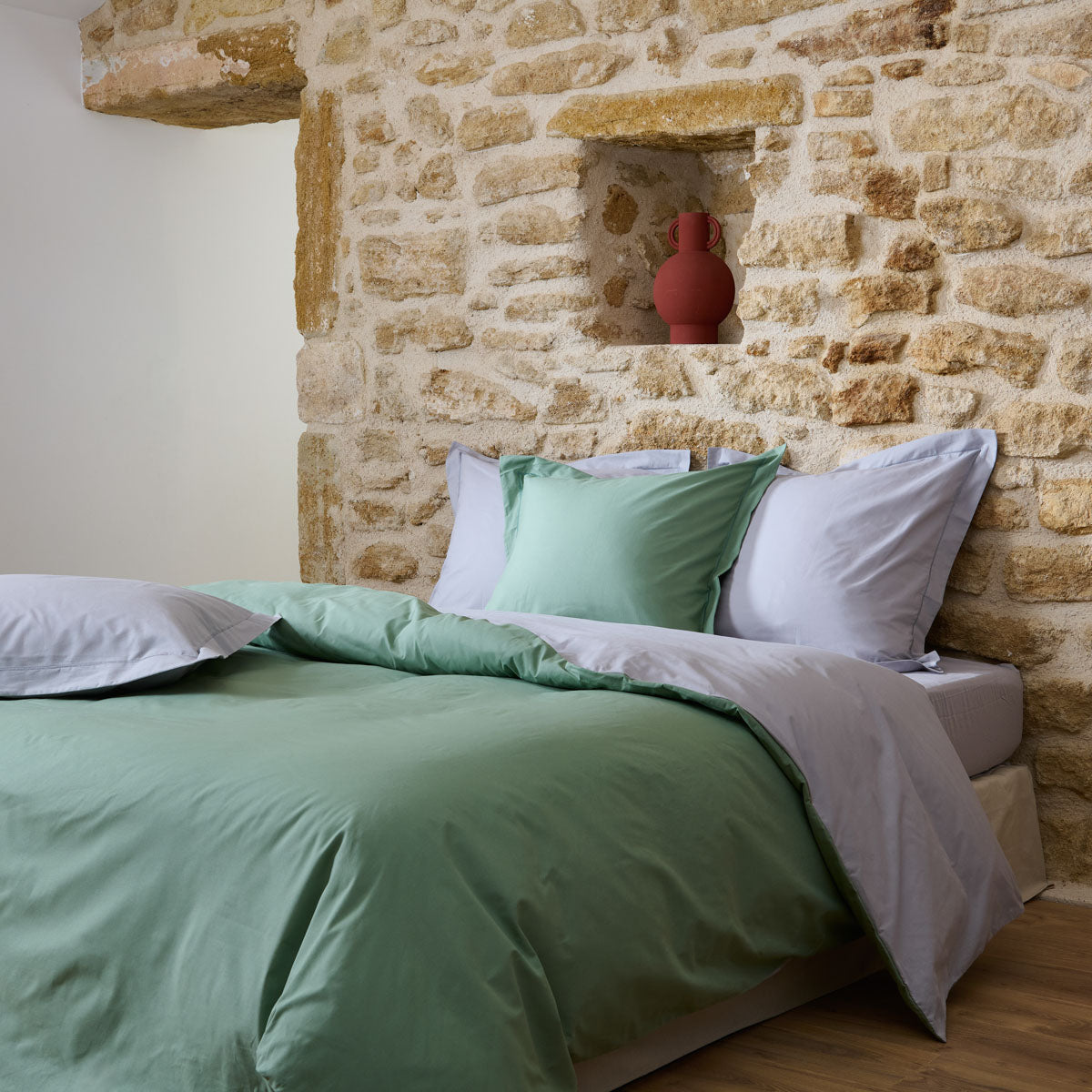 linge de lit duo coton nénuphar et gris souris en coton 57 fils #Couleur_NENUPHAR
