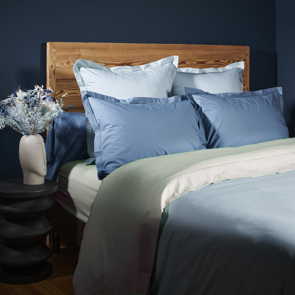 Drap Plat - Uni Percale de coton Celadon/Mousse/Horizon #Couleur_MOUSSE