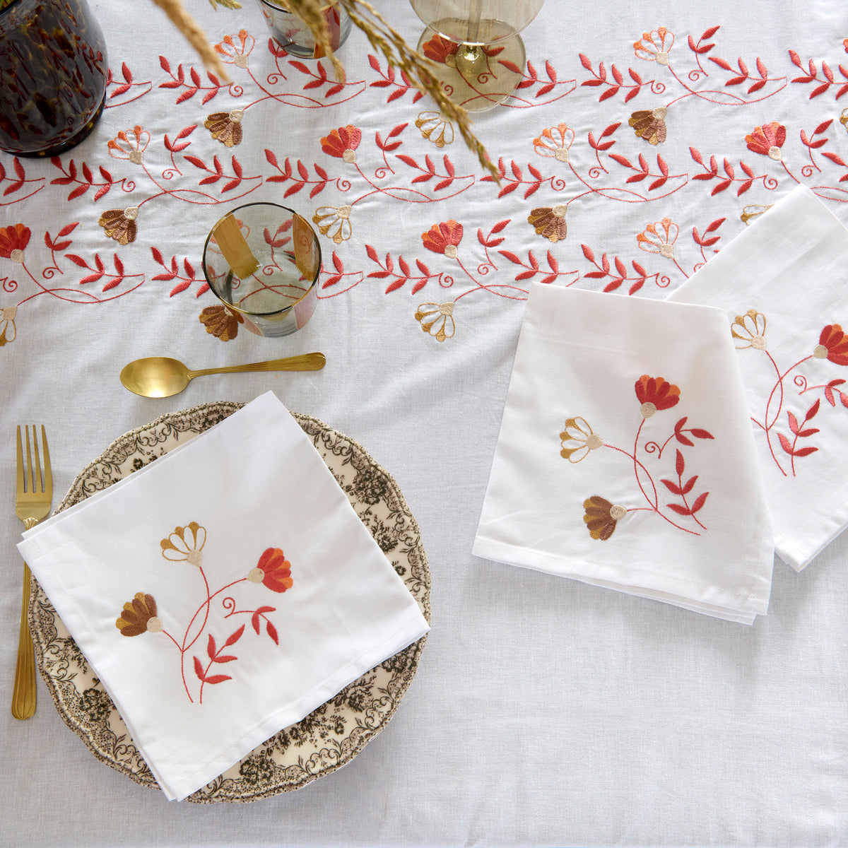 Lot de 2 serviettes de table Floressa - Coton lavé brodé