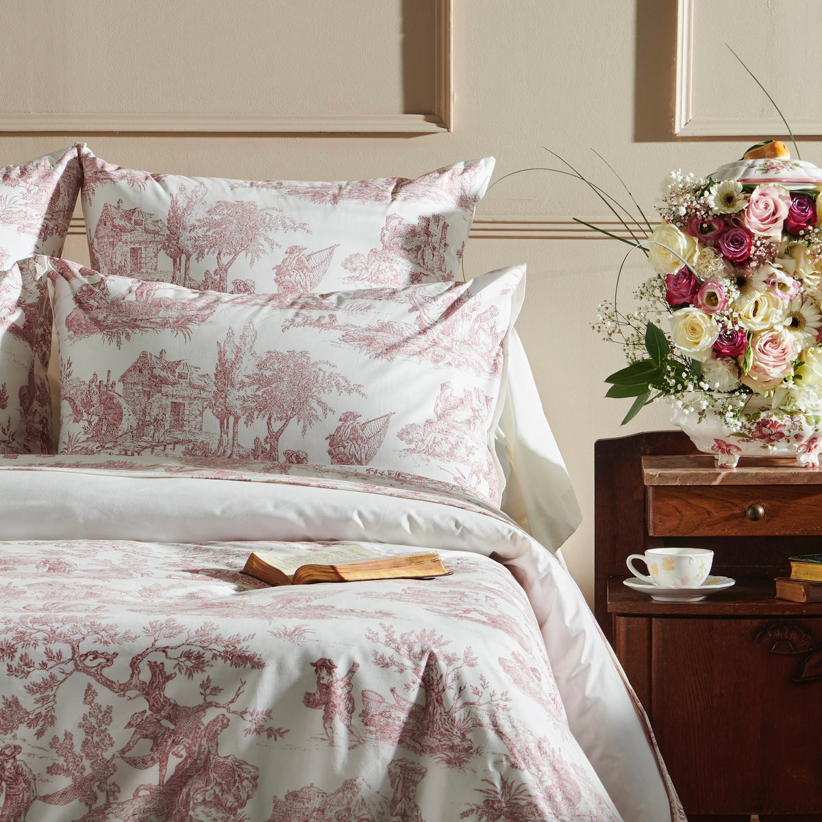 Taie d'oreiller Tendresse - Percale de coton #Couleur_BORDEAUX/NATUREL